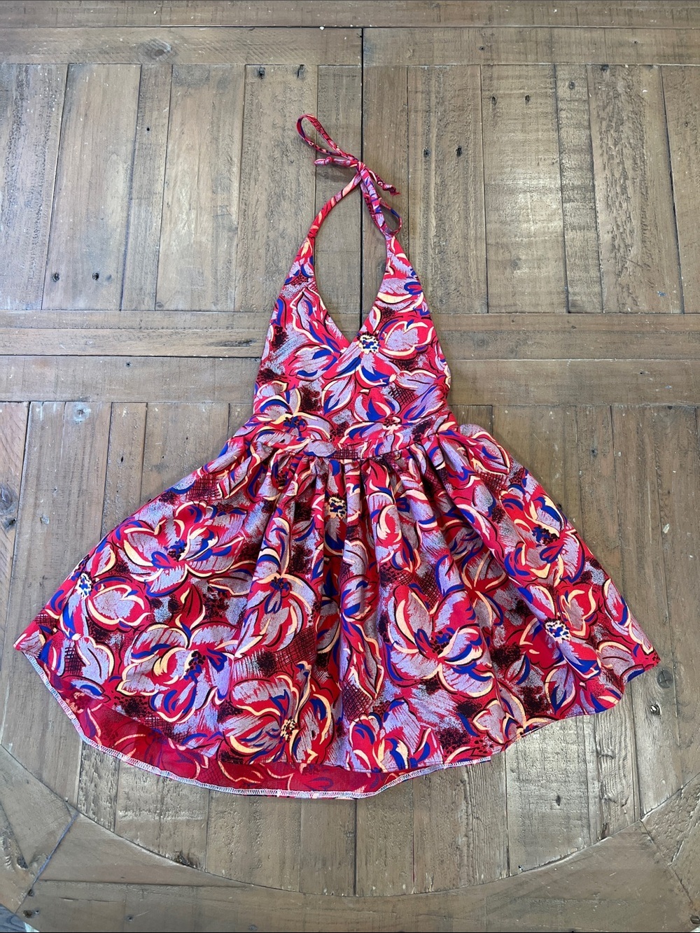 Brass Razoo red and silver floral halter dress 2T handmade metallic bohemian